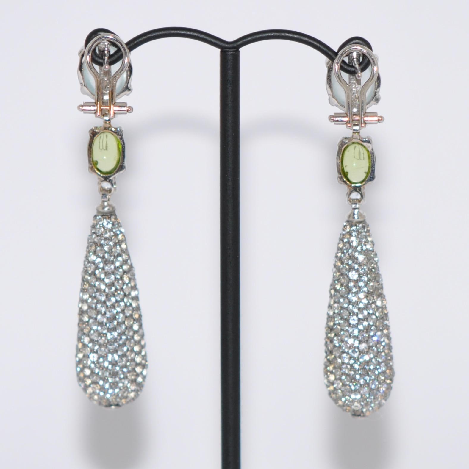 Women's Sky Topaz, Peridot and Moonstone on White Gold 18 Karat Chandelier Earrings