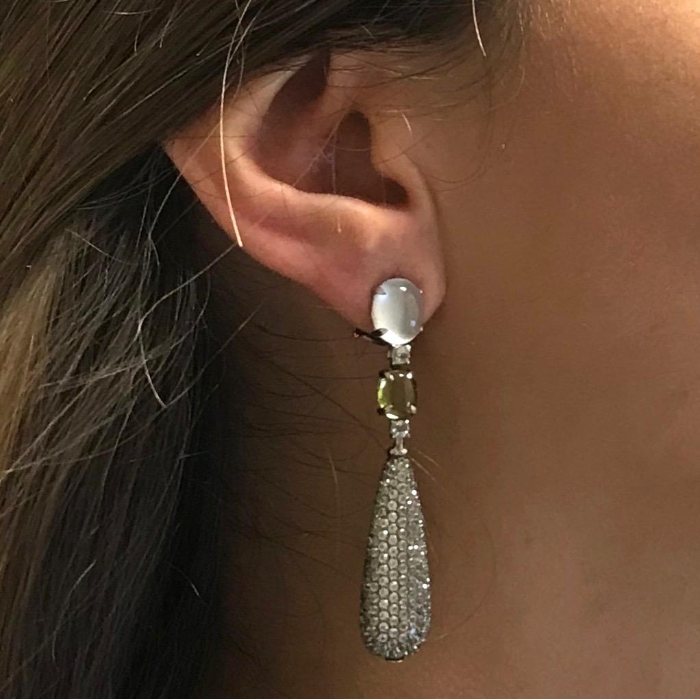 Sky Topaz, Peridot and Moonstone on White Gold 18 Karat Chandelier Earrings 1