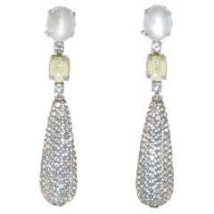 Sky Topaz, Peridot and Moonstone on White Gold 18 Karat Chandelier Earrings