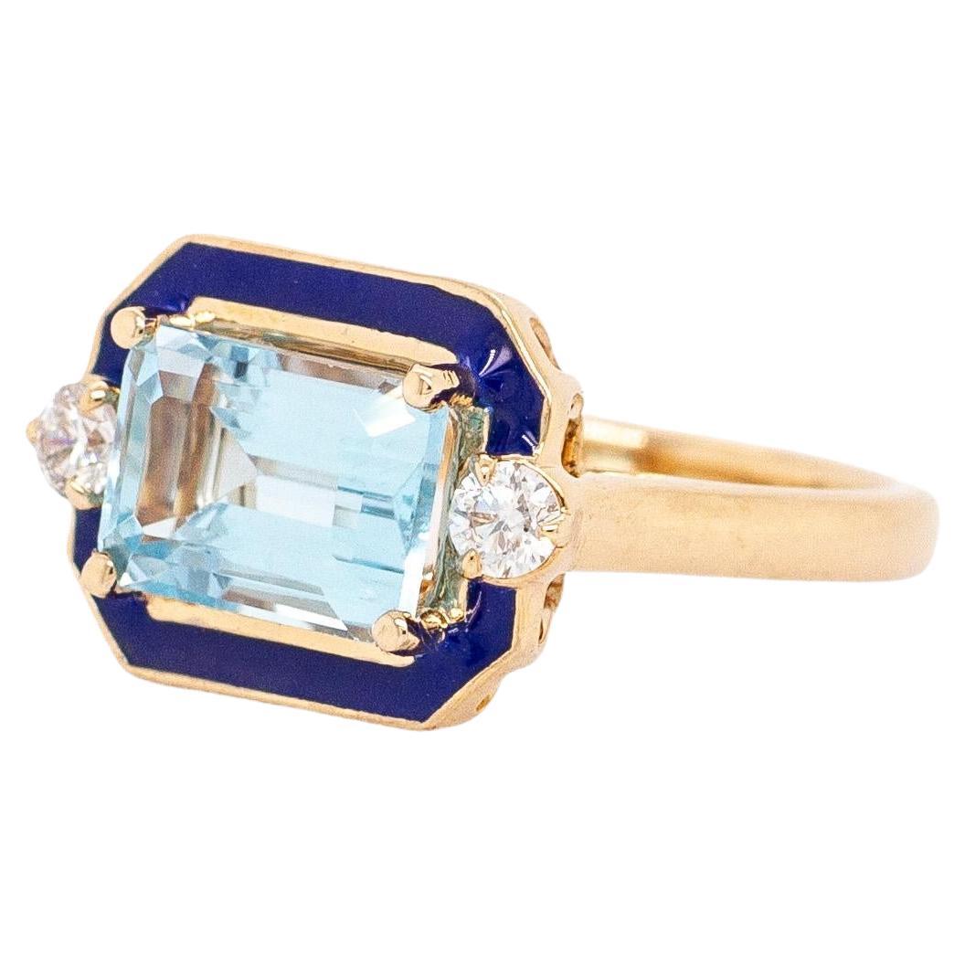 Bague Topaze du ciel avec accents de diamants naturels : Or massif 14k, taille émeraude 8x6mm