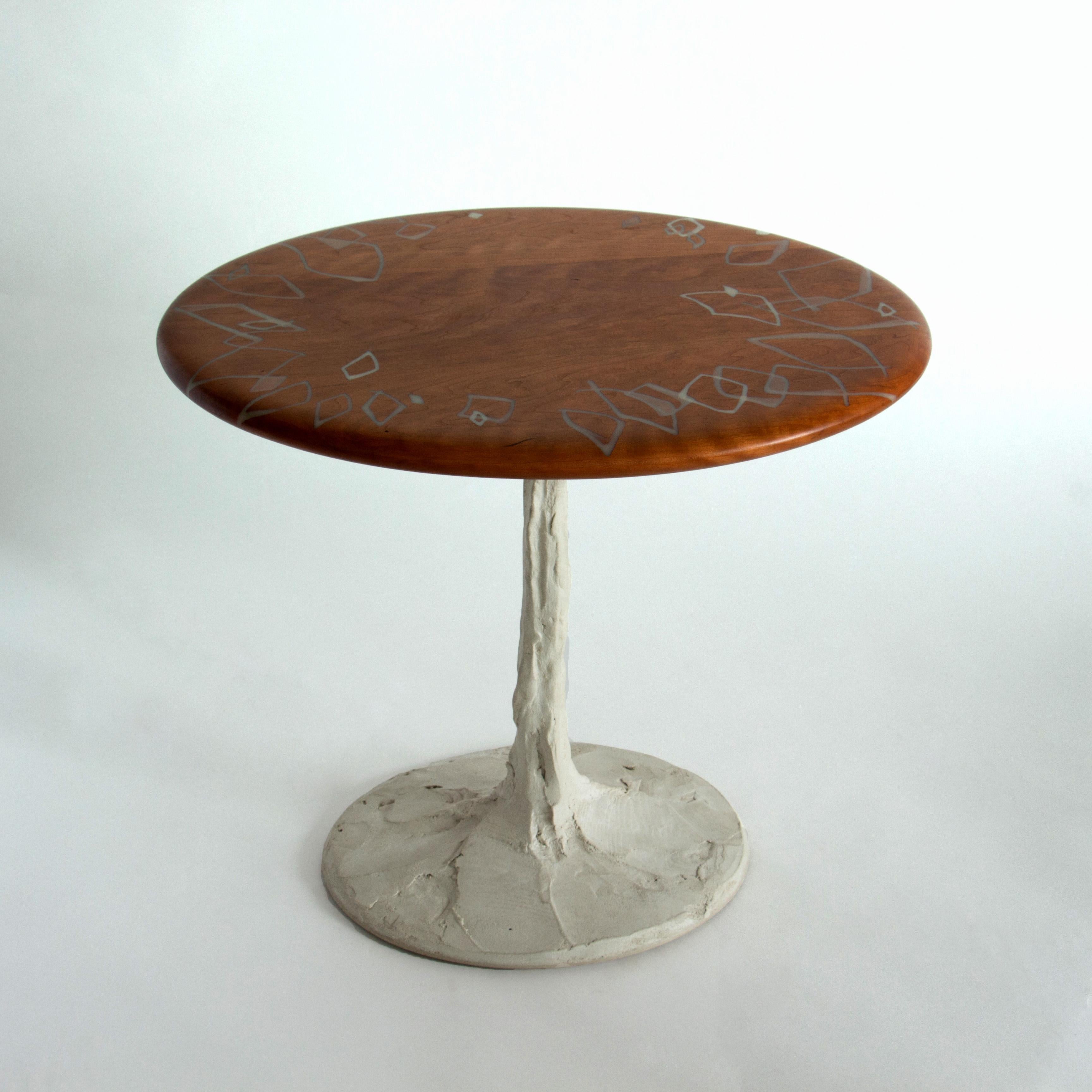 Carved Sky with Diamonds Side Table in Cherry with Concrete Pedestal Base - IN STOCK For Sale