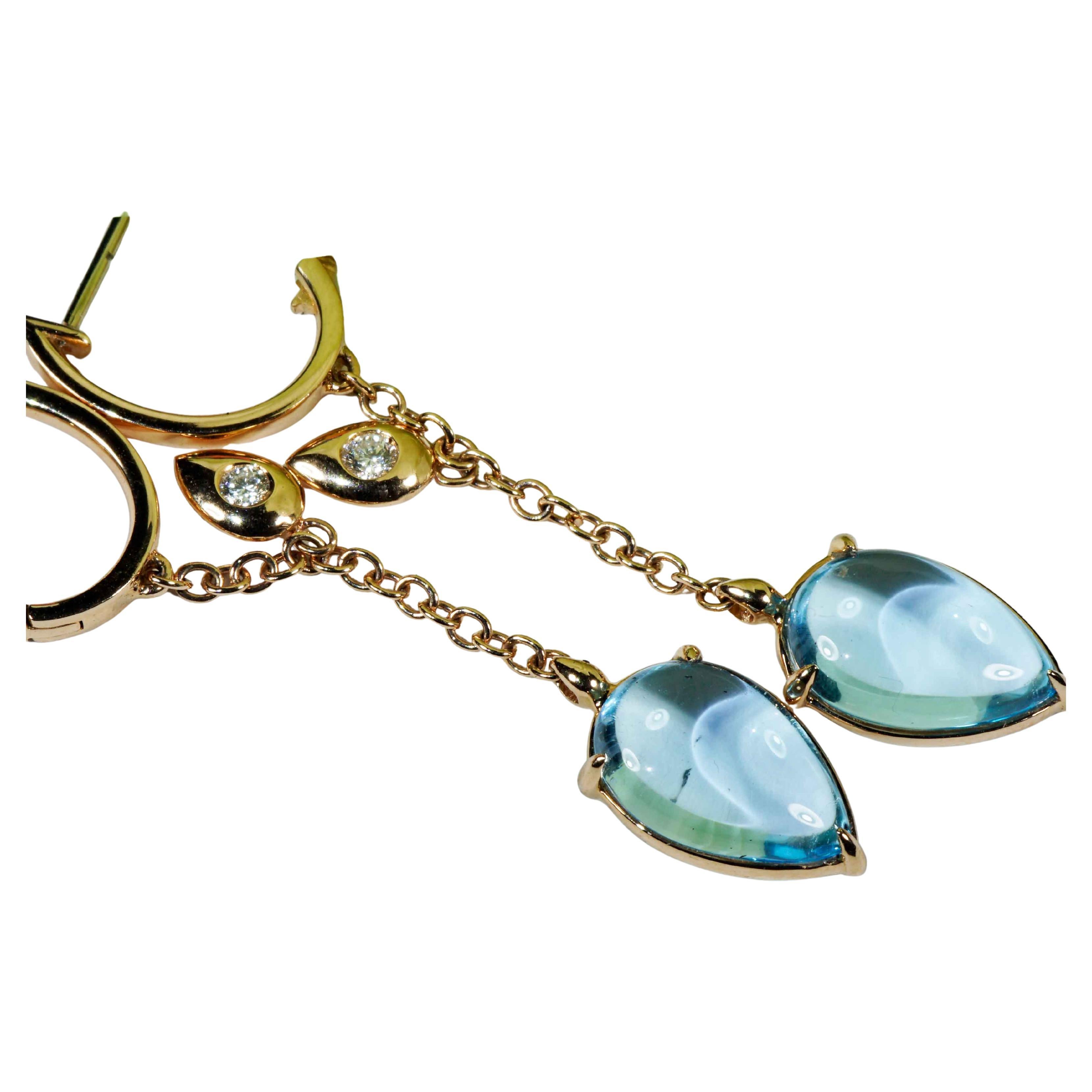 Skyblue Bluetopaz Brilliant Creole Earrings 9 ct modern Chain Design 53 x 9 mm For Sale