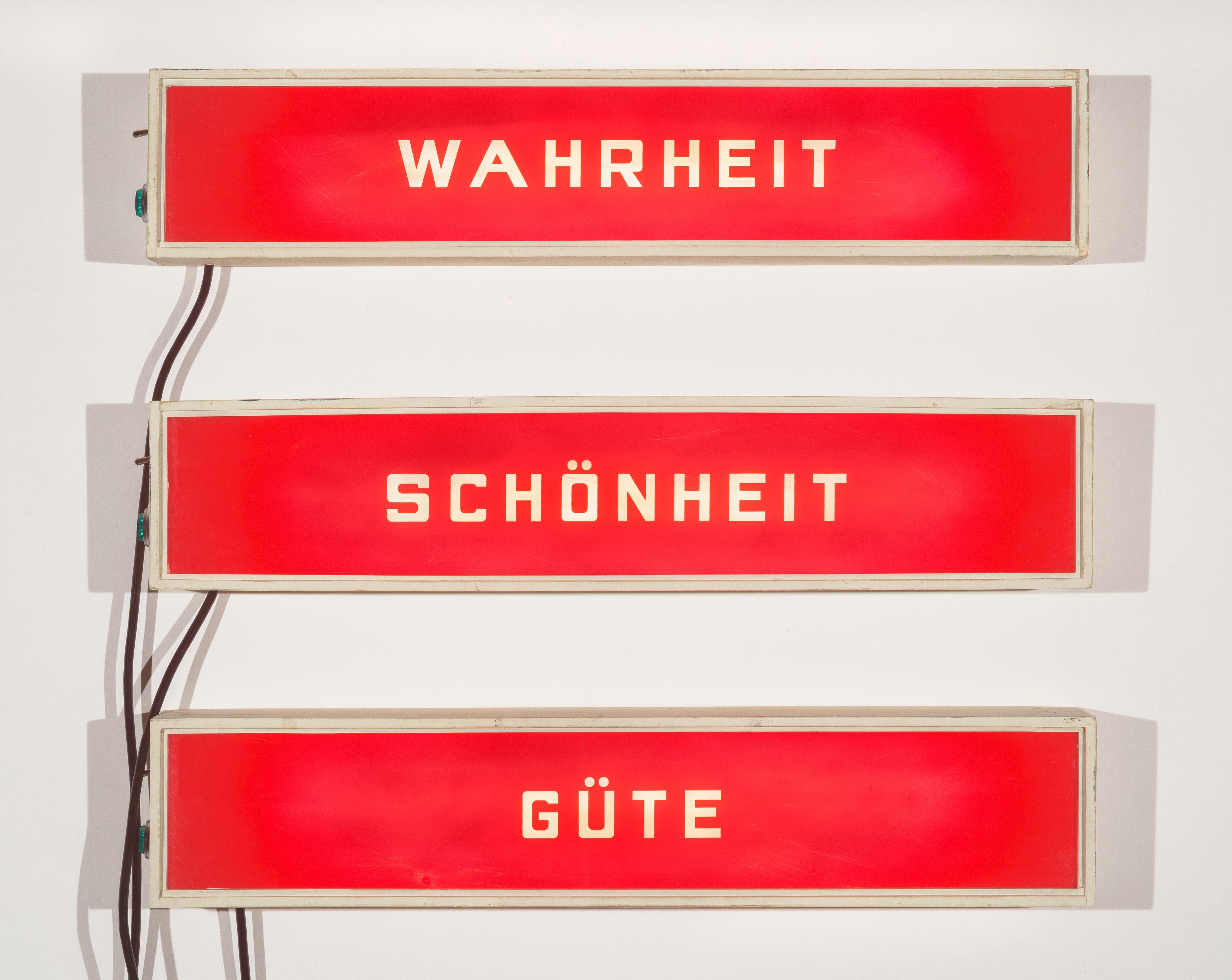 Wahrheit, Schönheit, Güte (lighted signs) - Sculpture by Skylar Fein