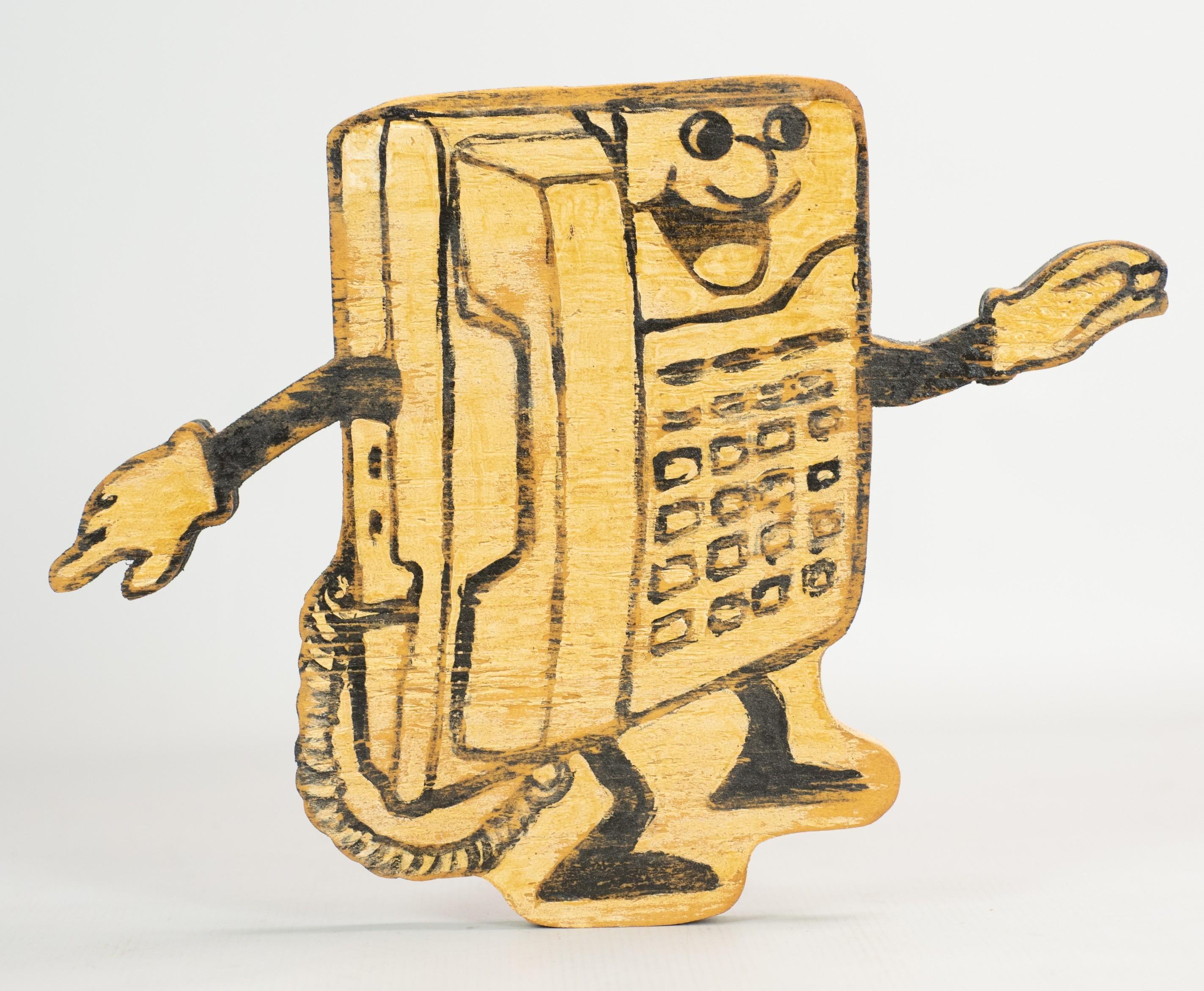Skylar Fein, (Américain, 1968-), sculpture en bois sculpté et peint "Telephone Man", peinture noire sur bois usé par le temps, dessin de l'homme au téléphone sous forme de bande dessinée. porte la signature de l'artiste au verso.
Extrait de