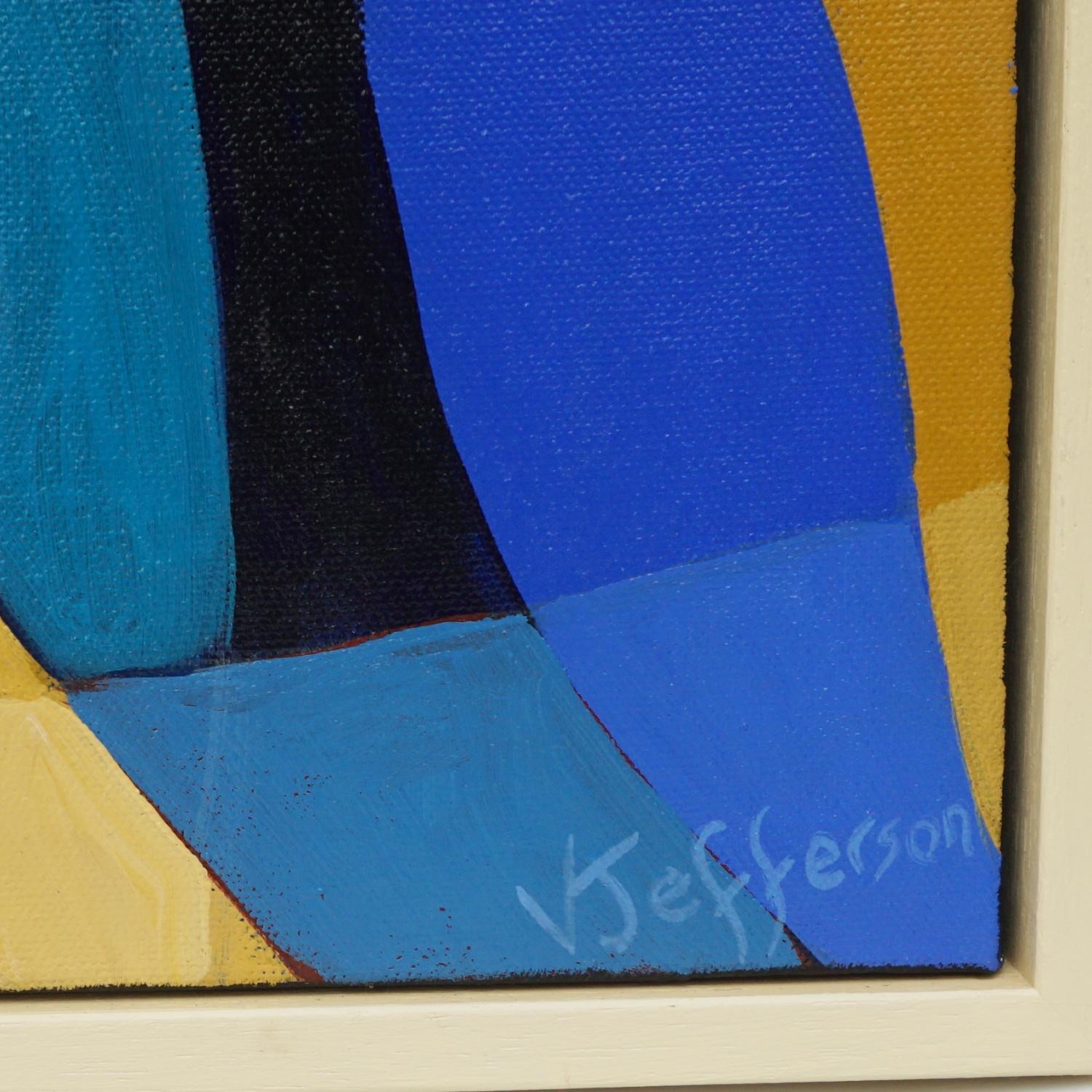 Skylarks' an Art Deco Style Contemporary painting by Vera Jefferson depicting swirling golden skylarks against a blue, stylised, abstract background . Signed V Jefferson to lower right. 

Dimensions: H 93cm W 63.5 D 5cm

 Vera Jefferson trained
