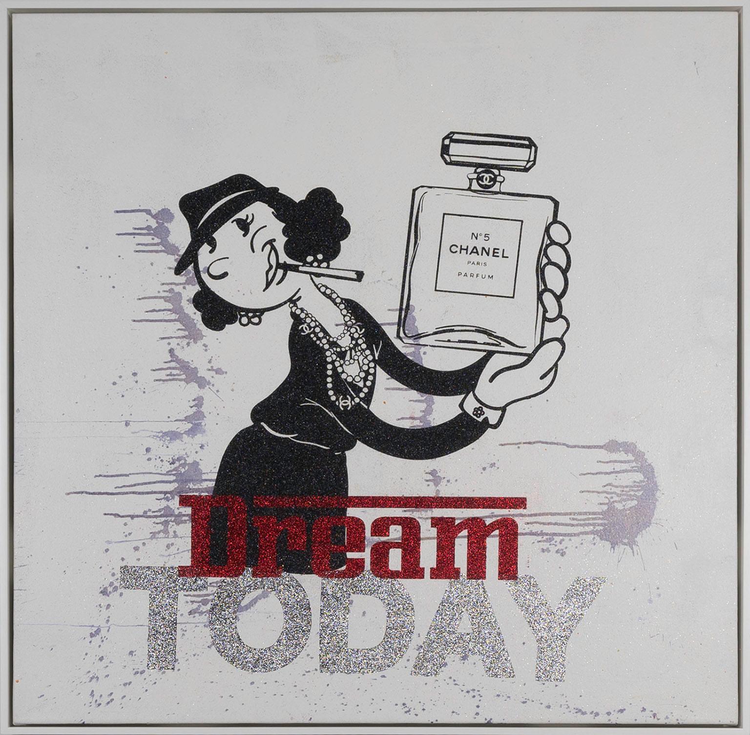 "Coco x Olive Oyl Chanel Sueño en blanco" acrílico y serigrafía sobre lienzo - Mixed Media Art de Skyler Grey