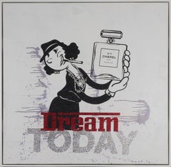 "Coco x Olive Oyl Chanel Dream in White" acrilico e serigrafia su tela