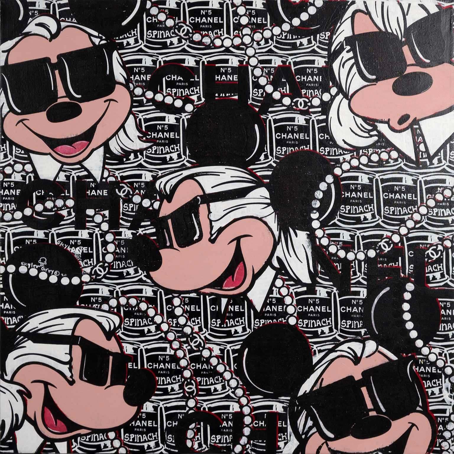 "Mickey Lagerfeld Monocromo" acrílico, serigrafía y polvo de diamante sobre lienzo