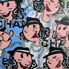 "Chanel aceituna en abstracto azul"  obra de arte en acrílico y serigrafía sobre lienzo