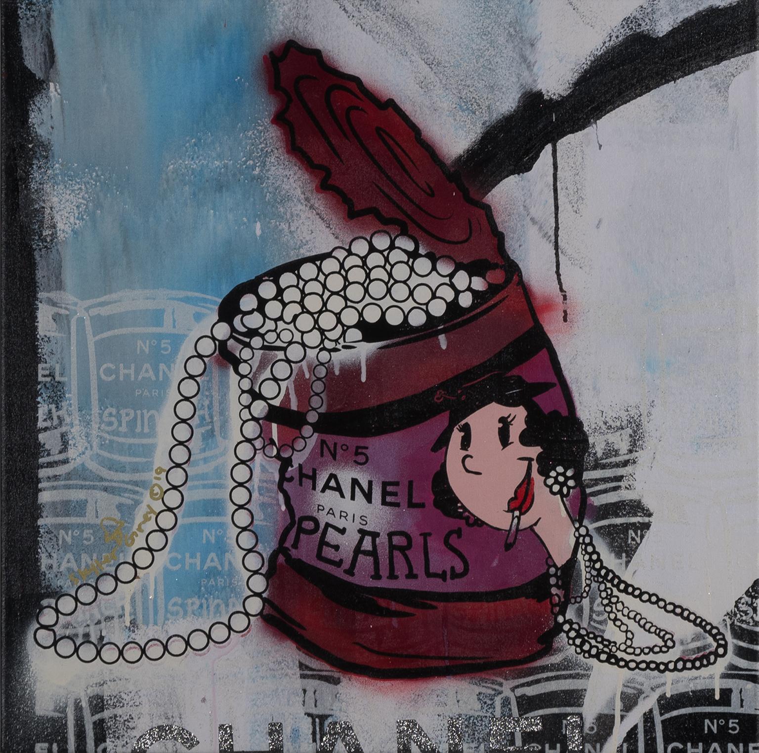 "Olive Oyl Chanel Perlas en lata" acrílico y serigrafía sobre lienzo de Skyler Grey