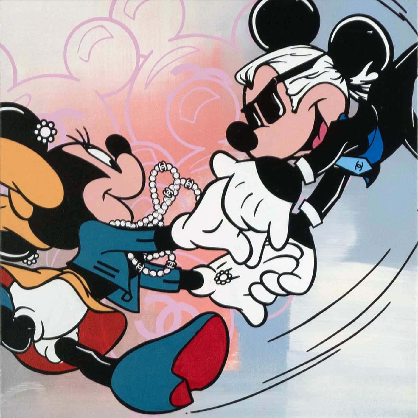 Skyler Grey "Bailando Mickey y Minnie" acrílico, aerosol y serigrafía sobre lienzo