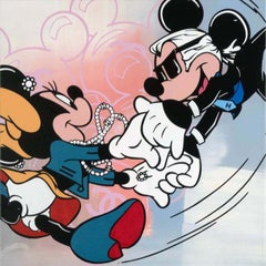 Skyler Grey "Bailando Mickey y Minnie" acrílico, aerosol y serigrafía sobre lienzo