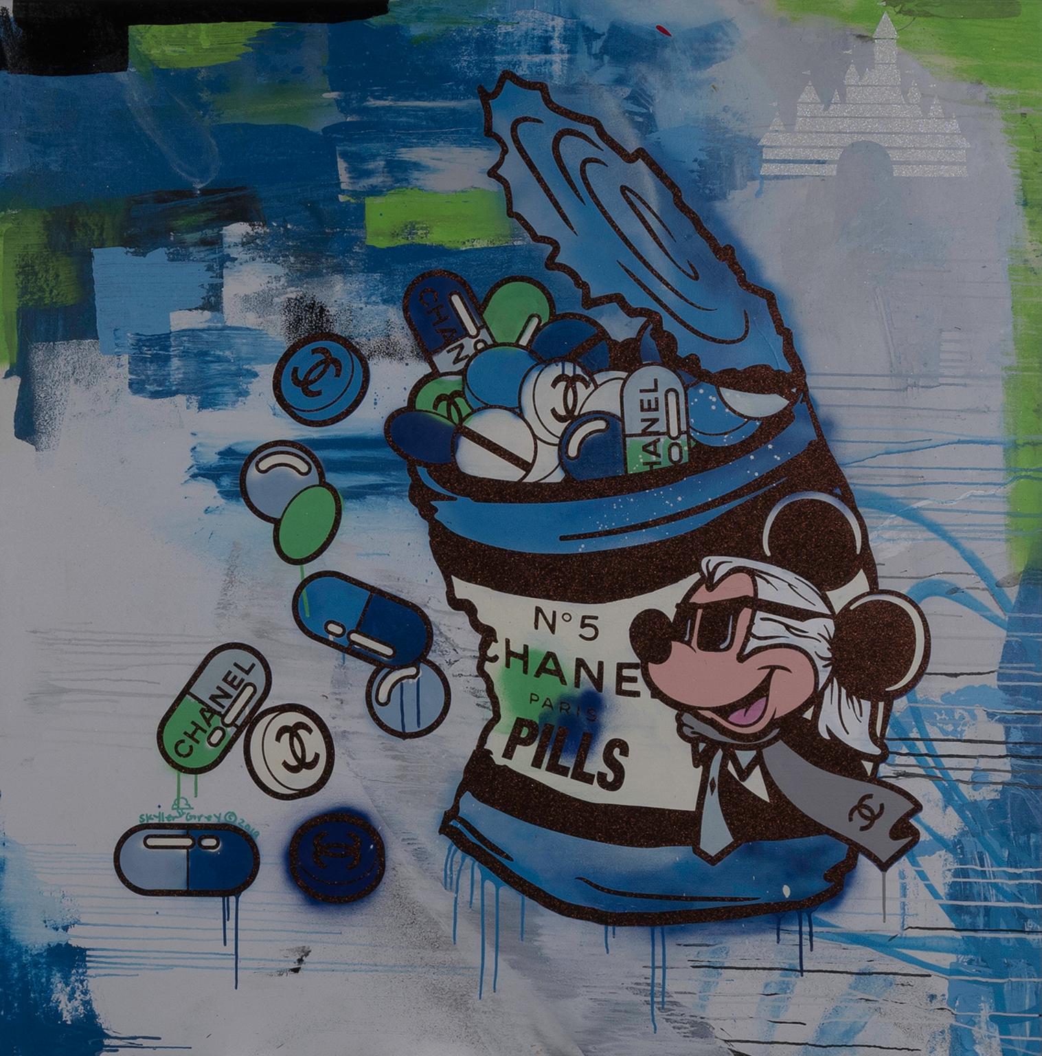 Skyler Grey "Lata Mickey's Chanel Party en azul y verde abstracto" arte mixto