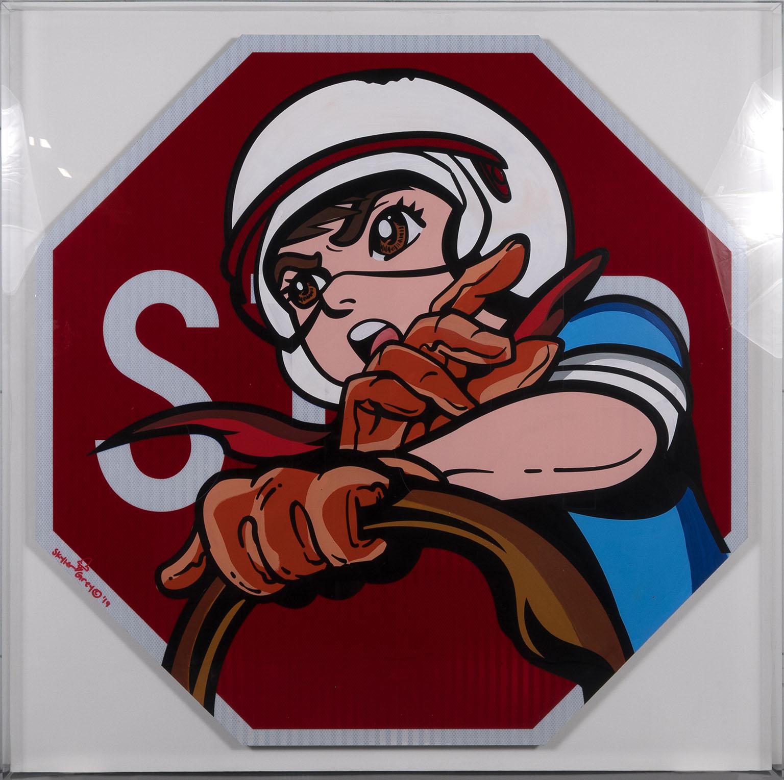 "Señal de Stop Speed Racer (Grande)" acrílico con marco plexi y tinta sobre señal de stop metálica