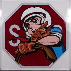 "Señal de Stop Speed Racer (Grande)" acrílico con marco plexi y tinta sobre señal de stop metálica