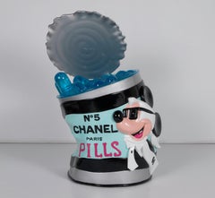 "Mickey Lagerfeld Pill Can (Blue)" resin and enamel sculpture by Skyler Grey