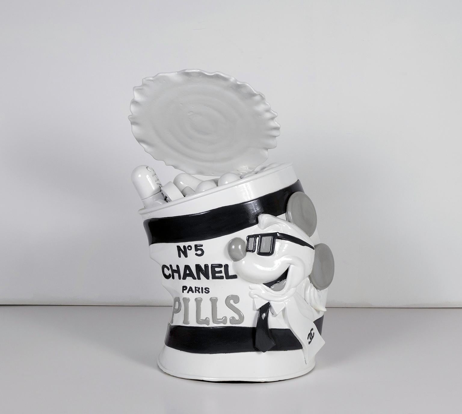 "Mickey Lagerfeld Pill Can (White)" resin and metal sculpture by Skyler Grey