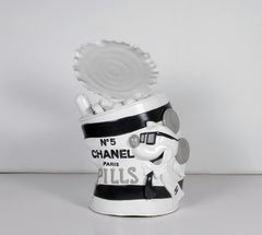 "Mickey Lagerfeld Pill Can (White)" resin and metal sculpture by Skyler Grey