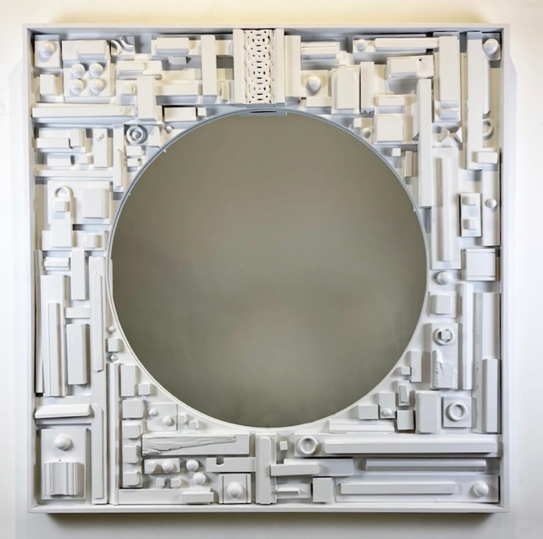 Skyline Mirror by artist Jordan Tabachnik, 2024
Mix media, scrap wood, new wood, paint, glass
Sculptural mirror frame

Size