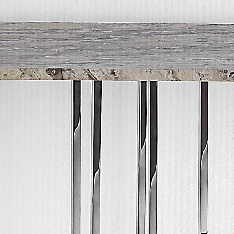 Modern Skyline, Console in Travertine Marble and Hand Polished Stainless Steel