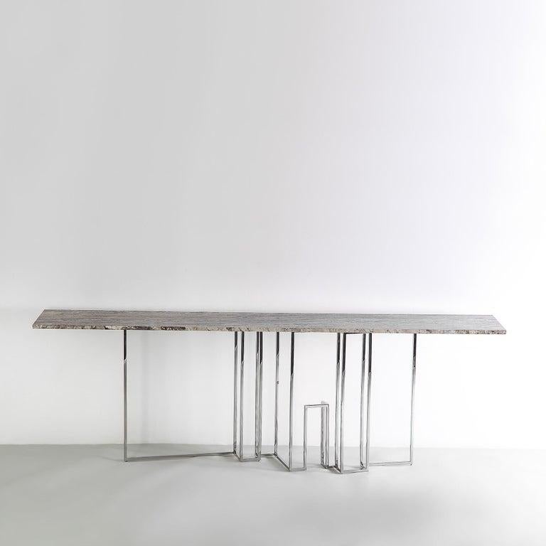 Lebanese Skyline, Console in Travertine Marble and Hand Polished Stainless Steel For Sale