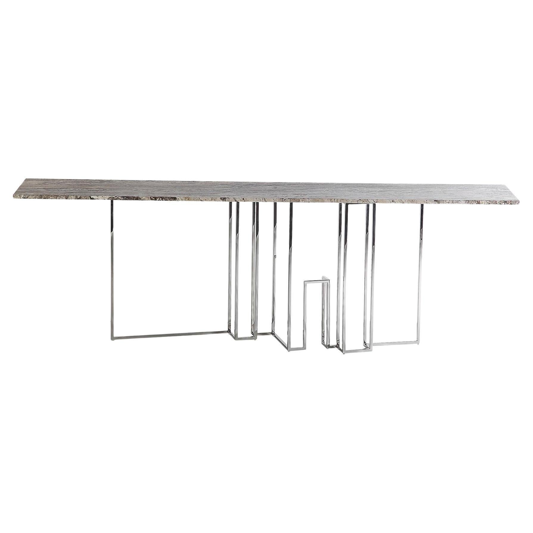 Skyline, Console in Travertine Marble and Hand Polished Stainless Steel For Sale