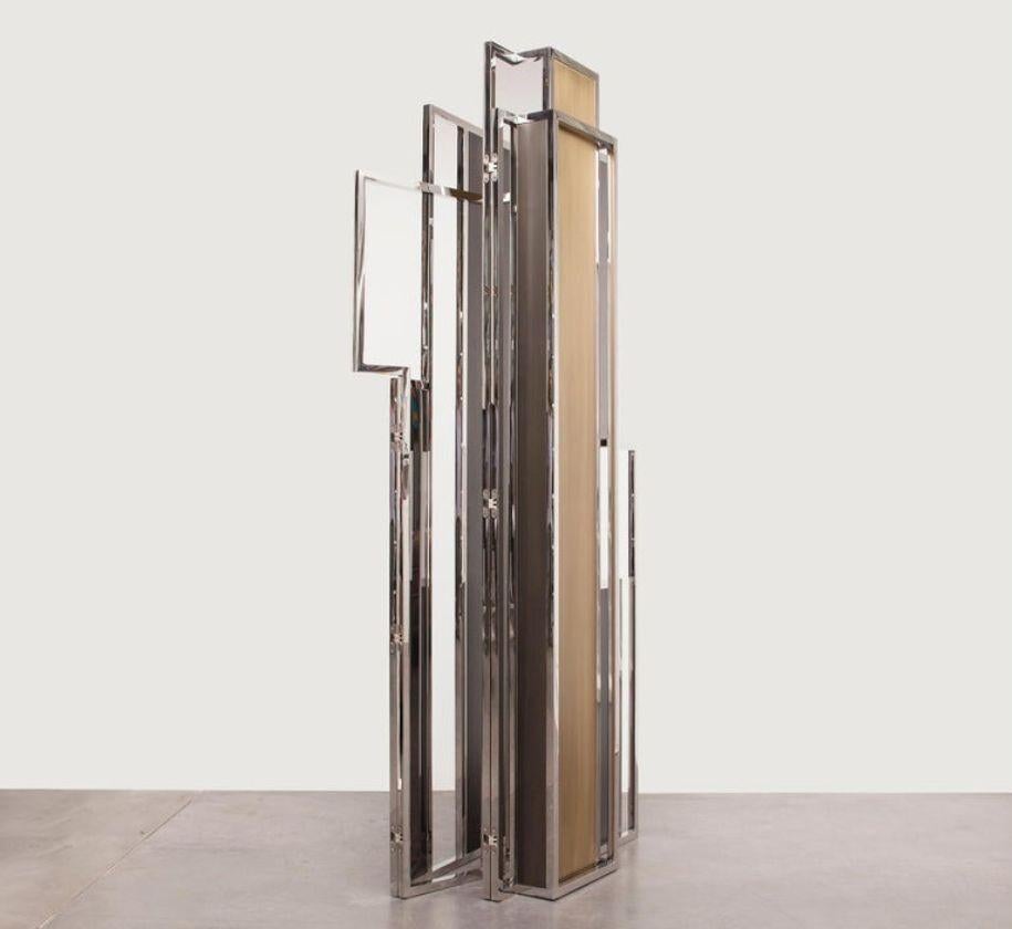 Modern Skyline, Room Divider in Stingray Leather, Stainless Steel, Brass and Lacquer For Sale