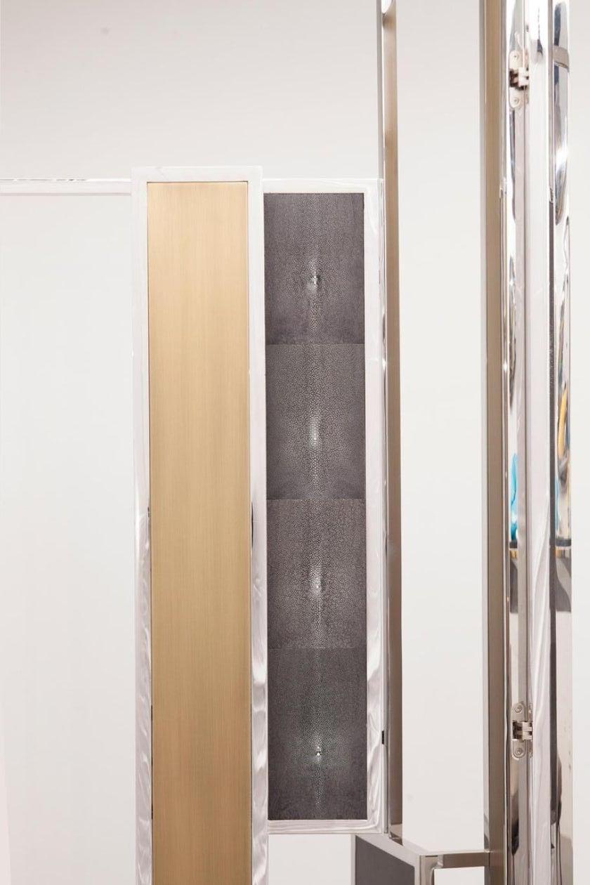 Modern Skyline, Room Divider in Stingray Leather, Stainless Steel, Brass and Lacquer For Sale