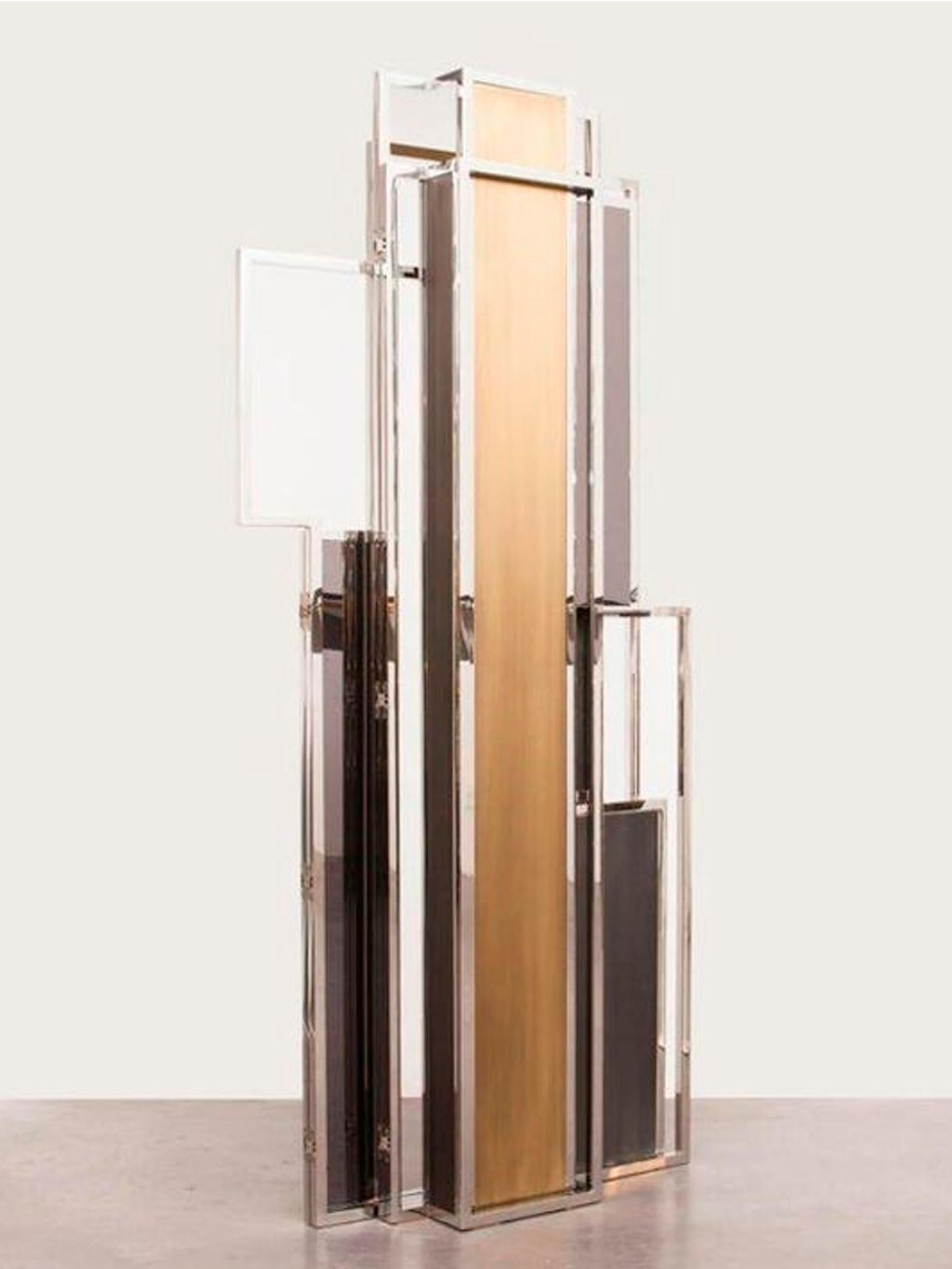 Brushed Skyline, Room Divider in Stingray Leather, Stainless Steel, Brass and Lacquer For Sale