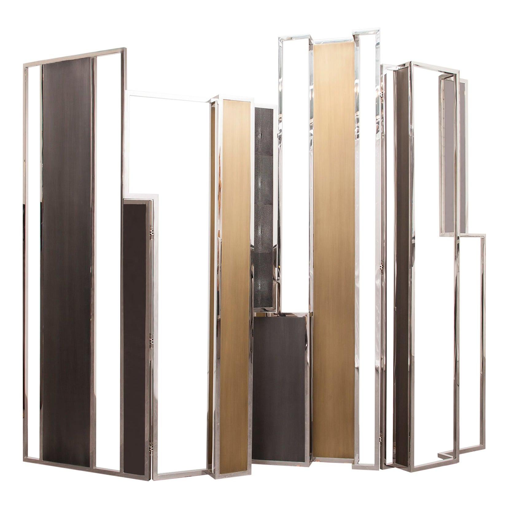 Skyline, Room Divider in Stingray Leather, Stainless Steel, Brass and Lacquer