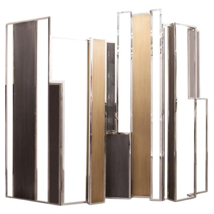 Skyline, Room Divider in Stingray Leather, Stainless Steel, Brass and Lacquer For Sale