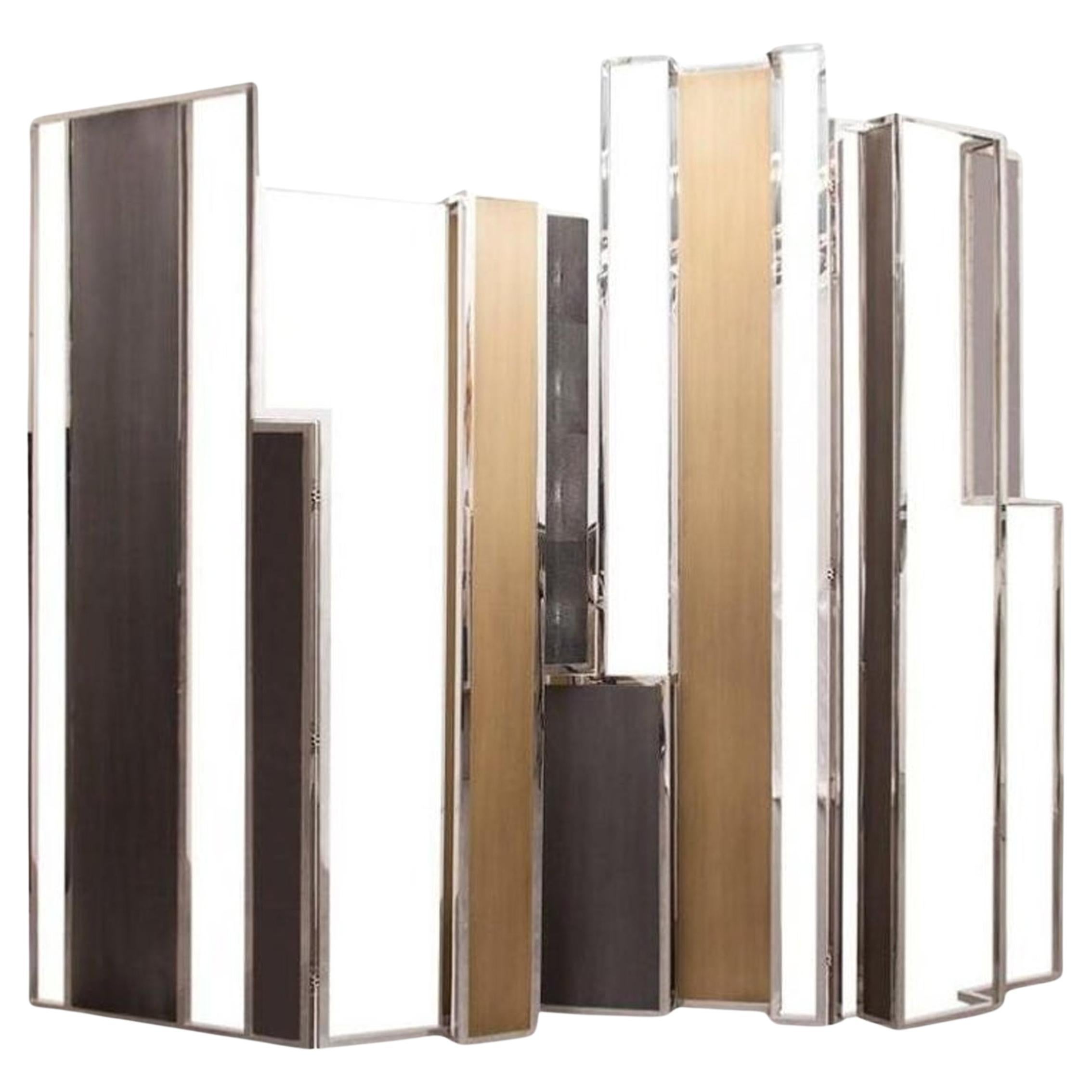 Skyline, Raumteiler aus Rochenleder, Edelstahl, Messing und Lack