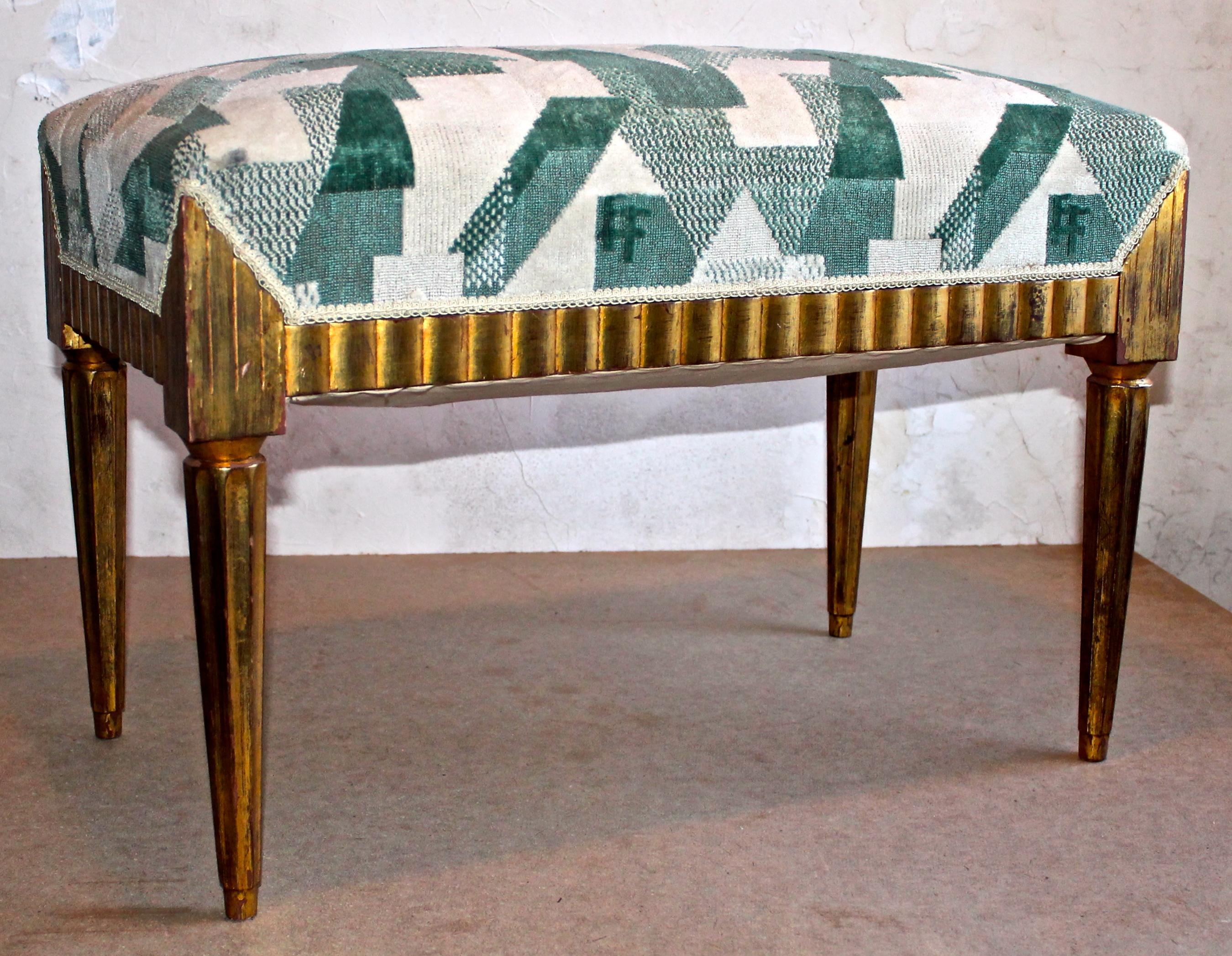 Gold leafed wood with early green deco upholstery. Louis XVI meets Chrysler building.