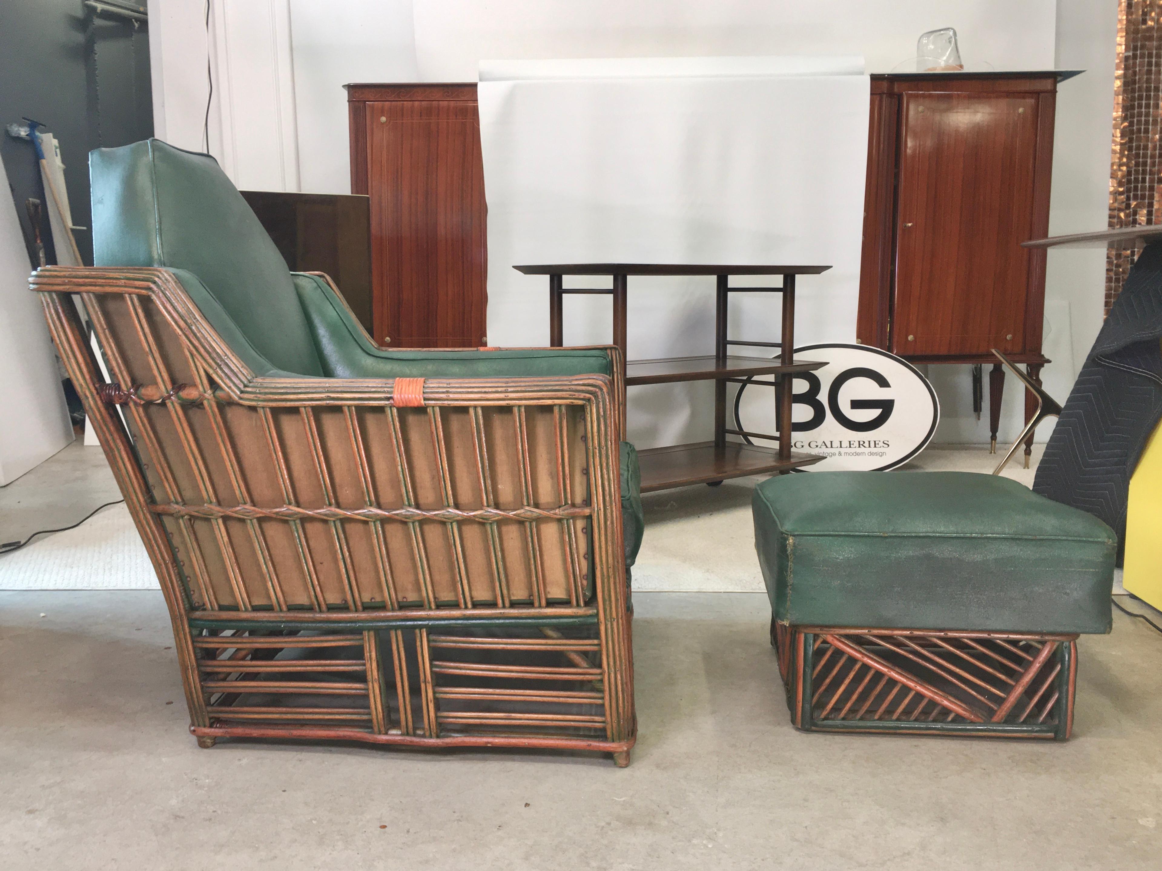 Streamlined Moderne Skyscraper Art Deco Stick Reed Lounge Chair and Ottoman For Sale
