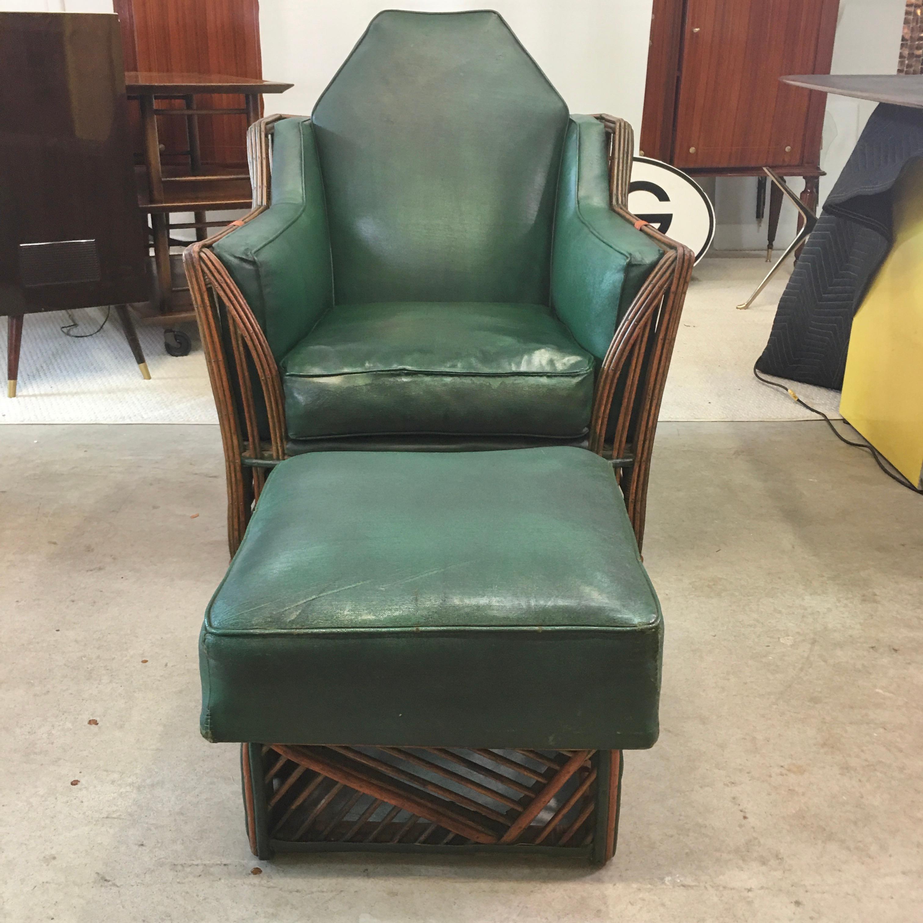 American Skyscraper Art Deco Stick Reed Lounge Chair and Ottoman For Sale