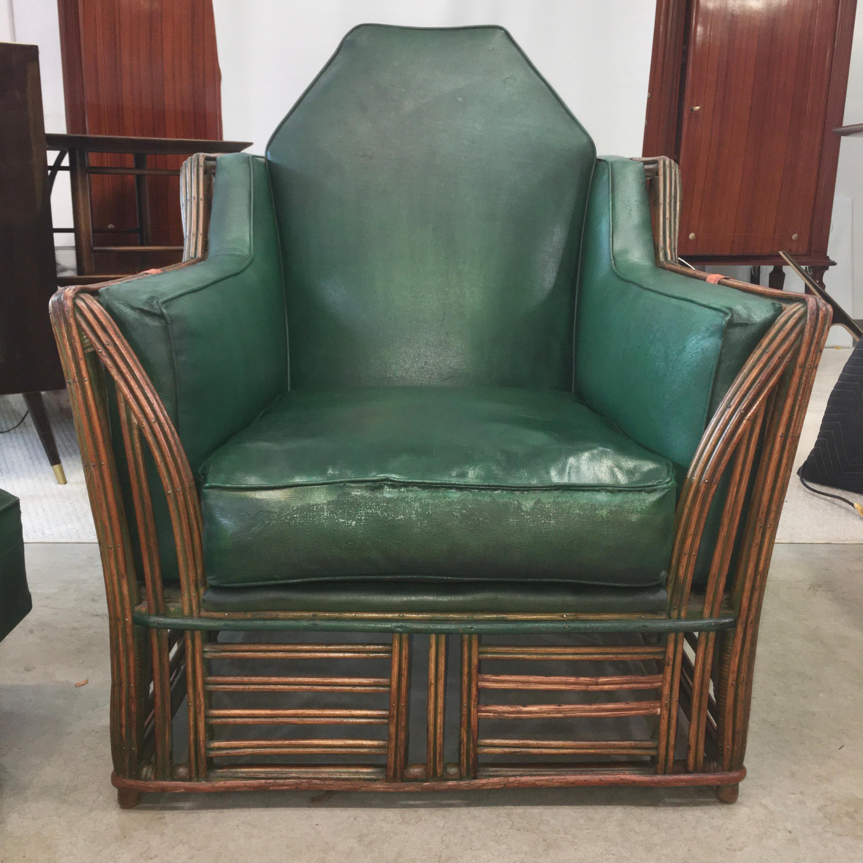 Skyscraper Art Deco Stick Reed Lounge Chair and Ottoman In Good Condition For Sale In Hanover, MA