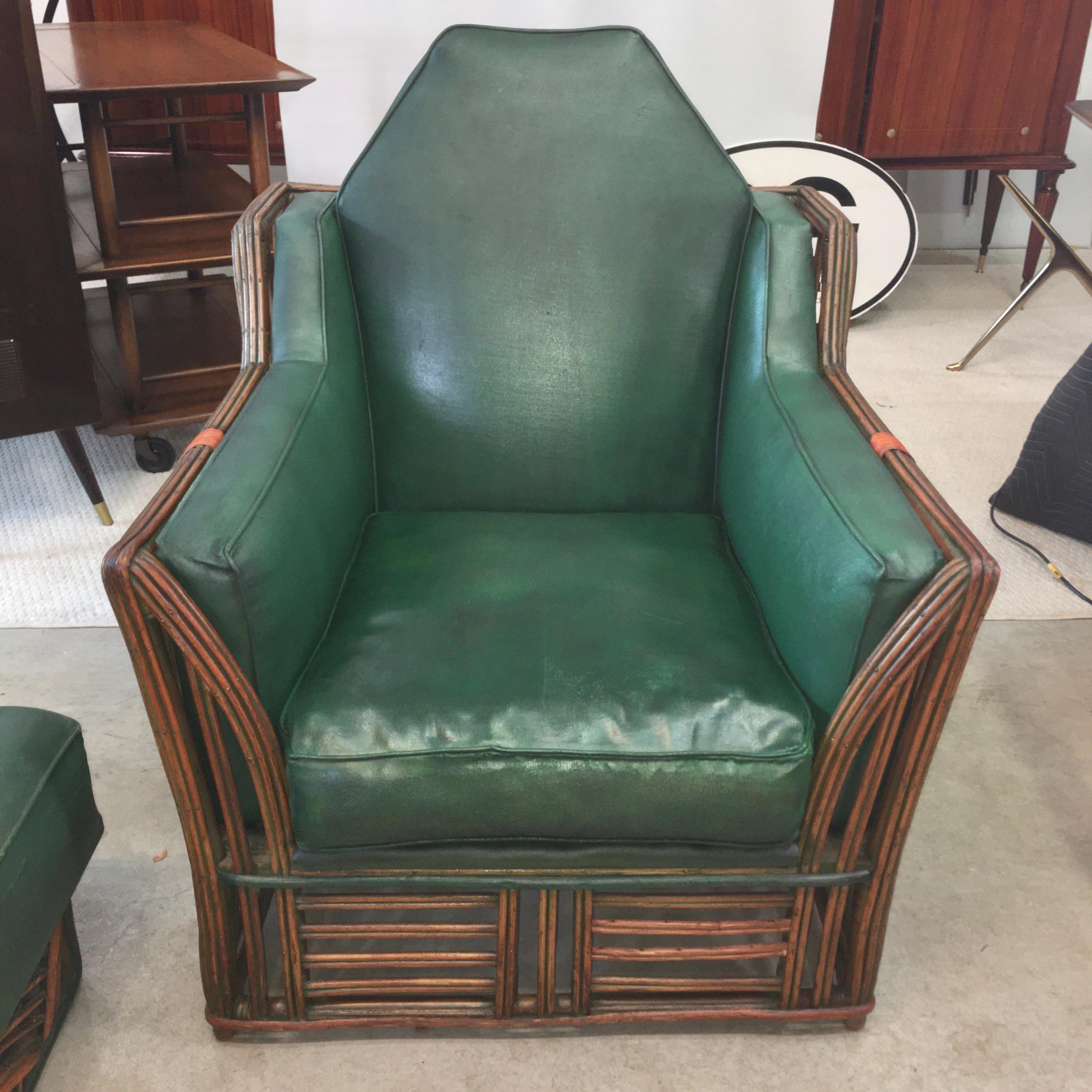 Early 20th Century Skyscraper Art Deco Stick Reed Lounge Chair and Ottoman For Sale