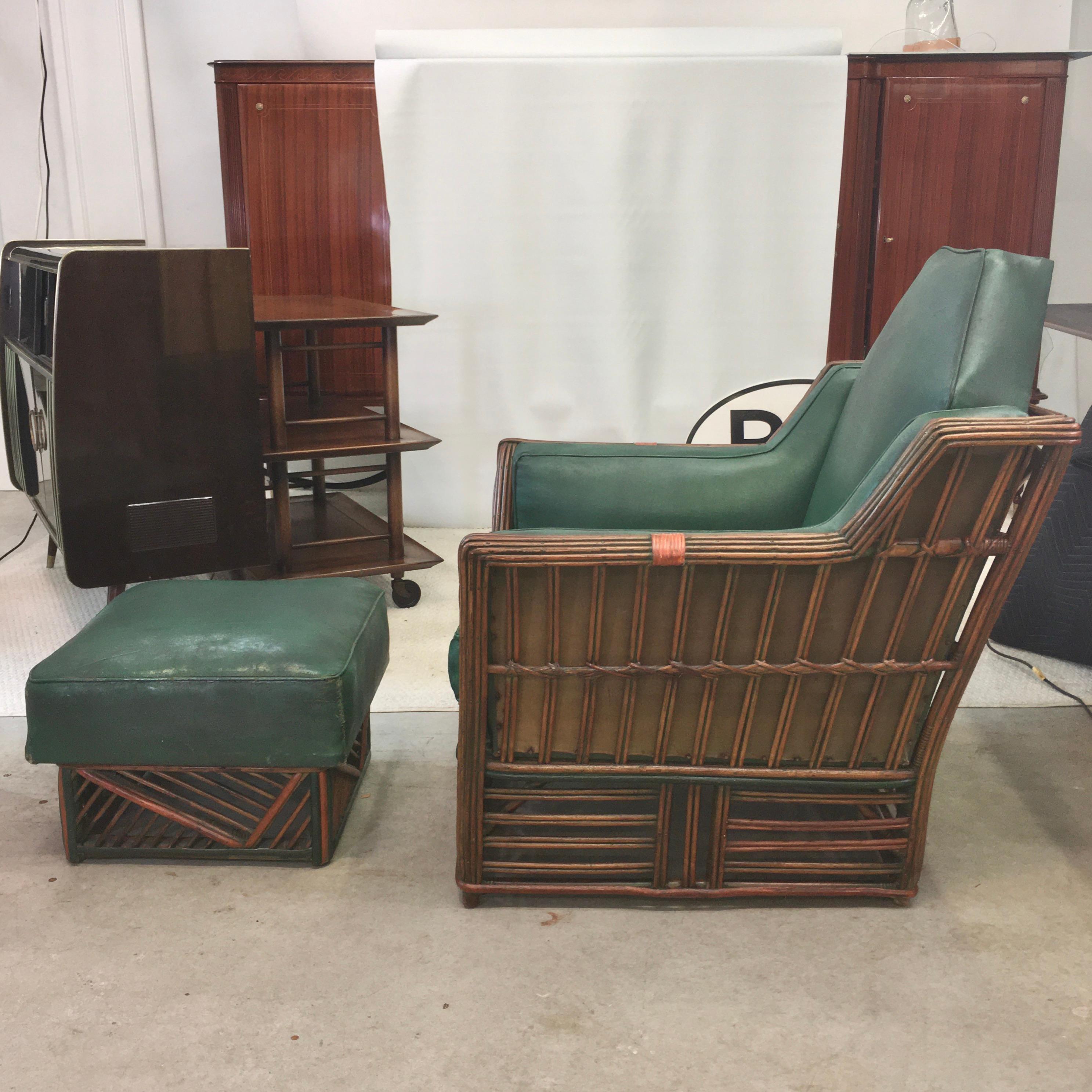 Rattan Skyscraper Art Deco Stick Reed Lounge Chair and Ottoman For Sale