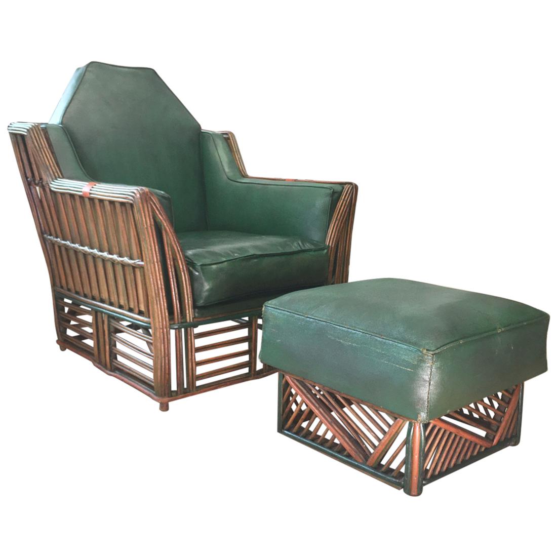 Skyscraper Art Deco Stick Reed Lounge Chair and Ottoman For Sale