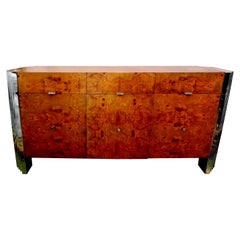 "Skyscraper" Burled Elm and Chrome Credenza, Milo Baughman Inspired