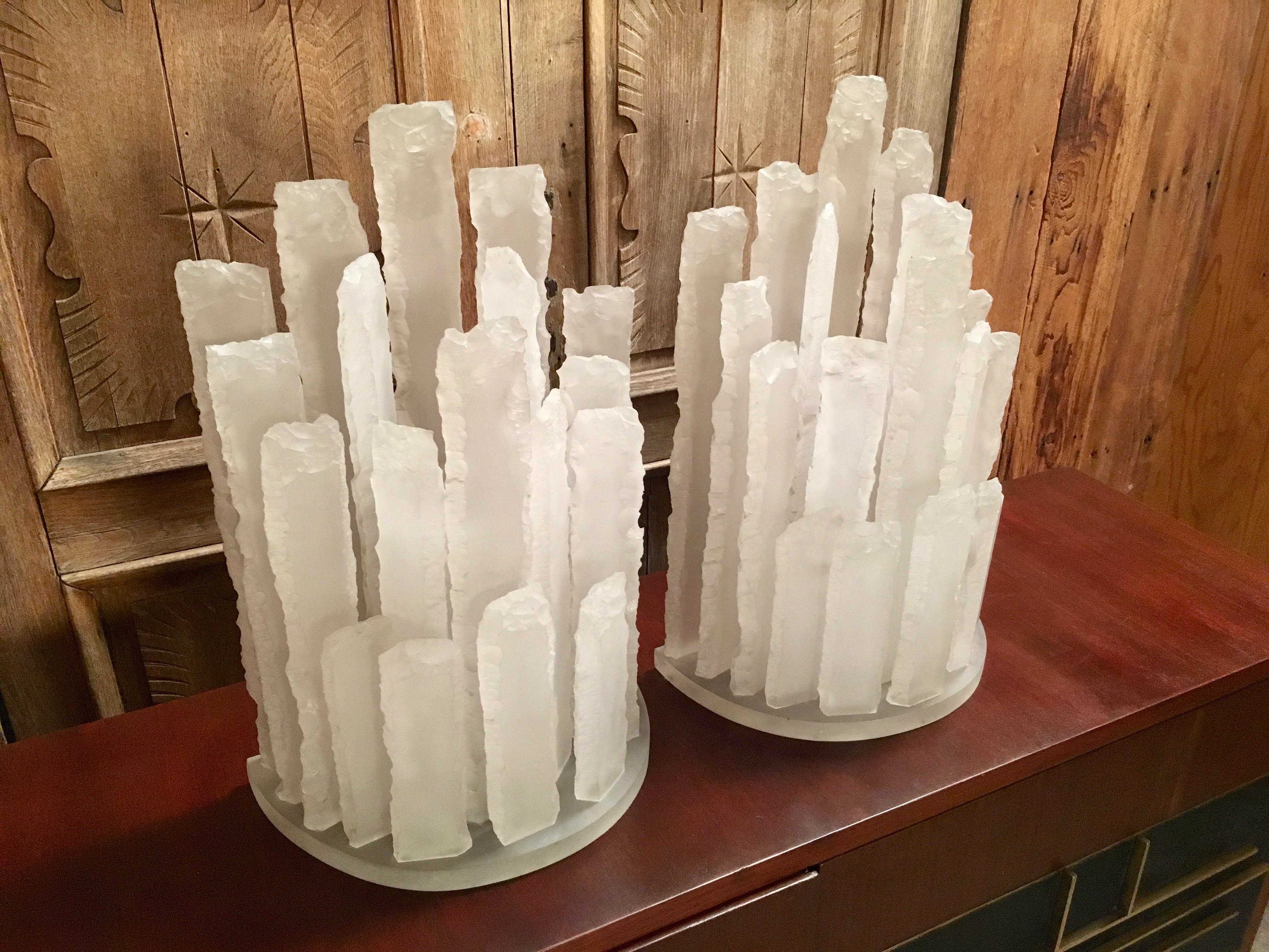 Skyscraper frosted stacked Lucite table lamps in the style of Van Teal.