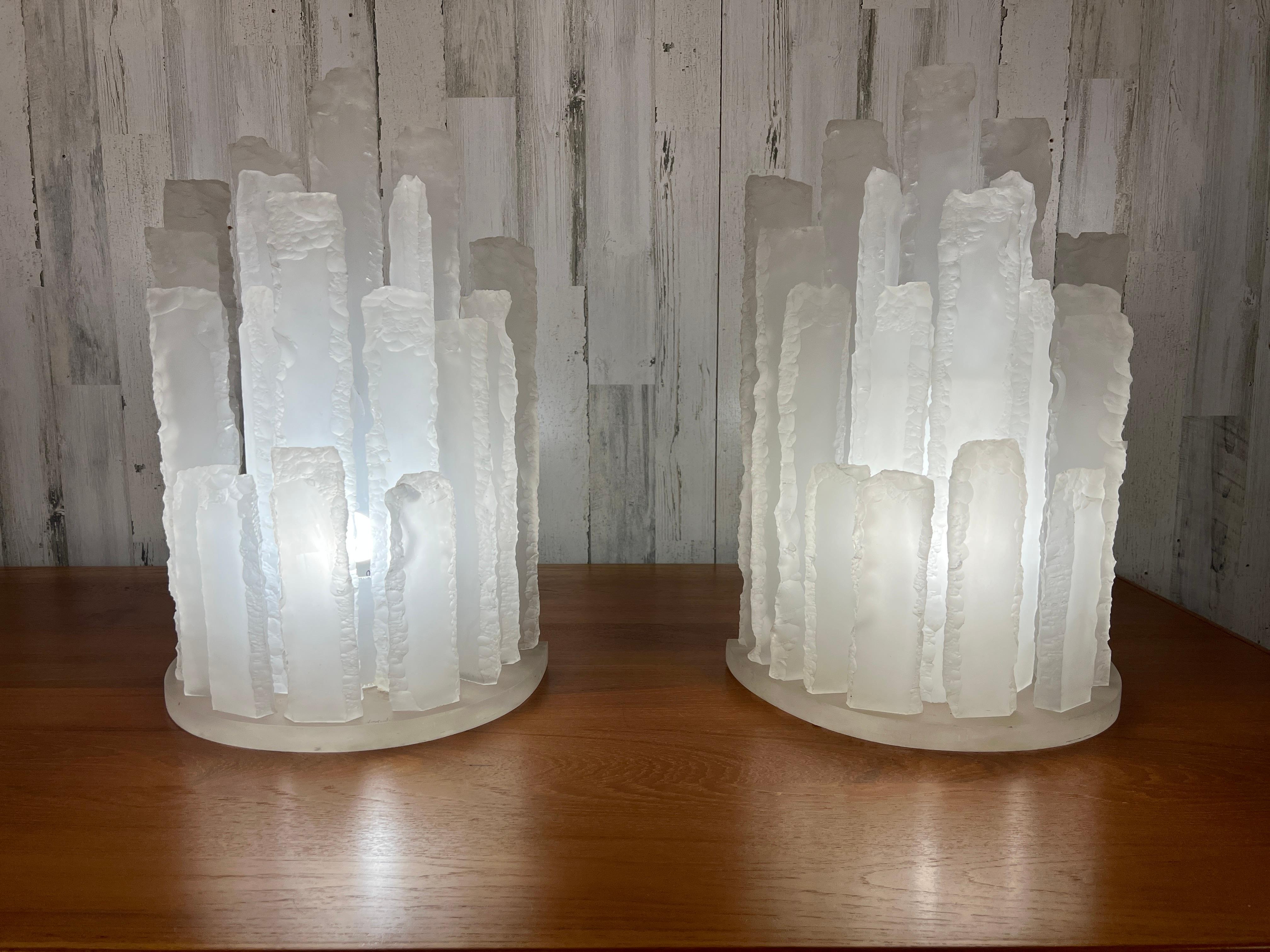 Skyscraper frosted and chiseled stacked Lucite table lamps in the style of Van Teal.