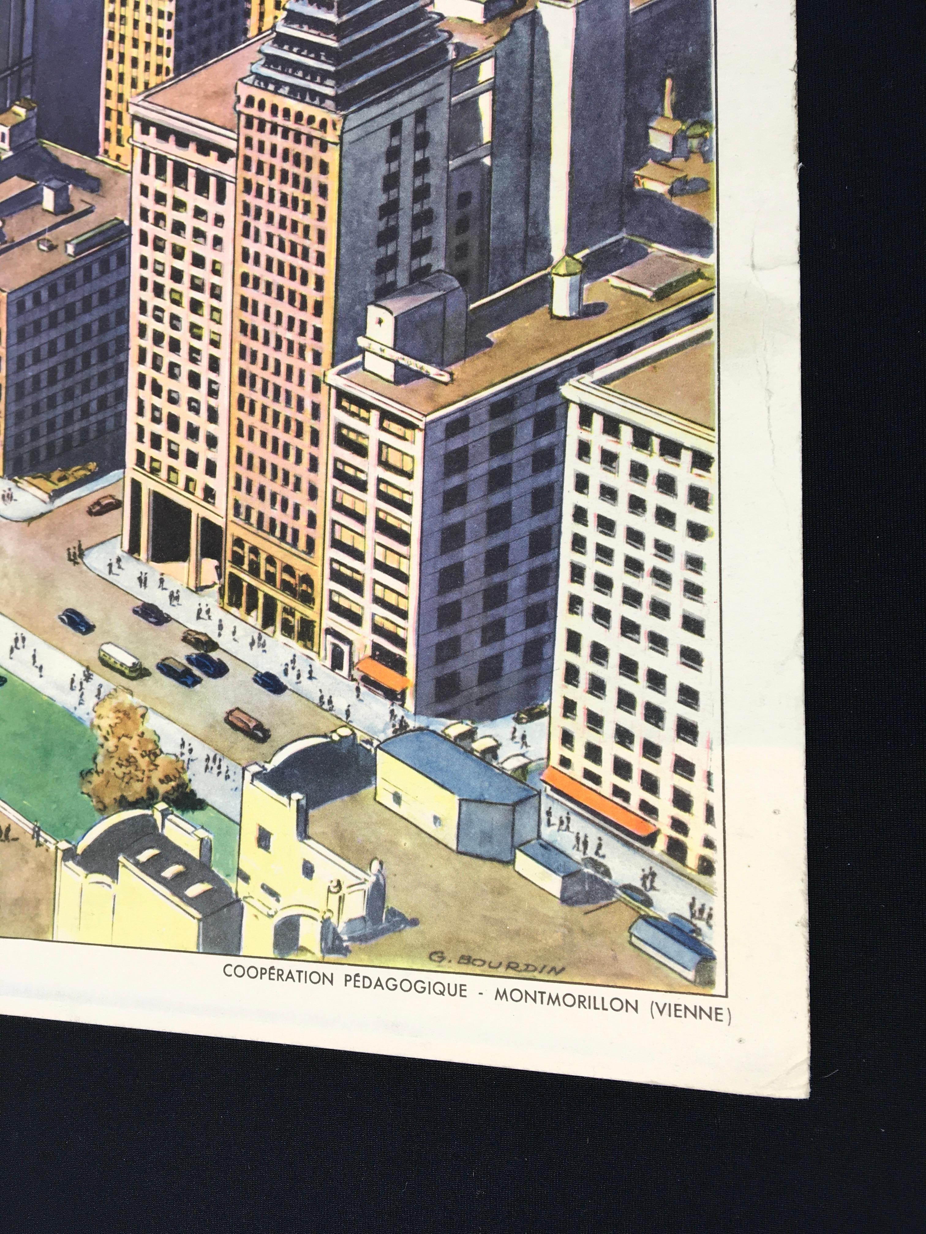 Vintage Schulposter - Schulkarte von Rossignol Frankreich. 
Wunderschönes Design eines Viertels voller Wolkenkratzer. Sie haben einen tollen Blick auf das Meer, die Stadt und den Park.
Dieses alte Lehrmaterial ist aus dickem Papier und sehr