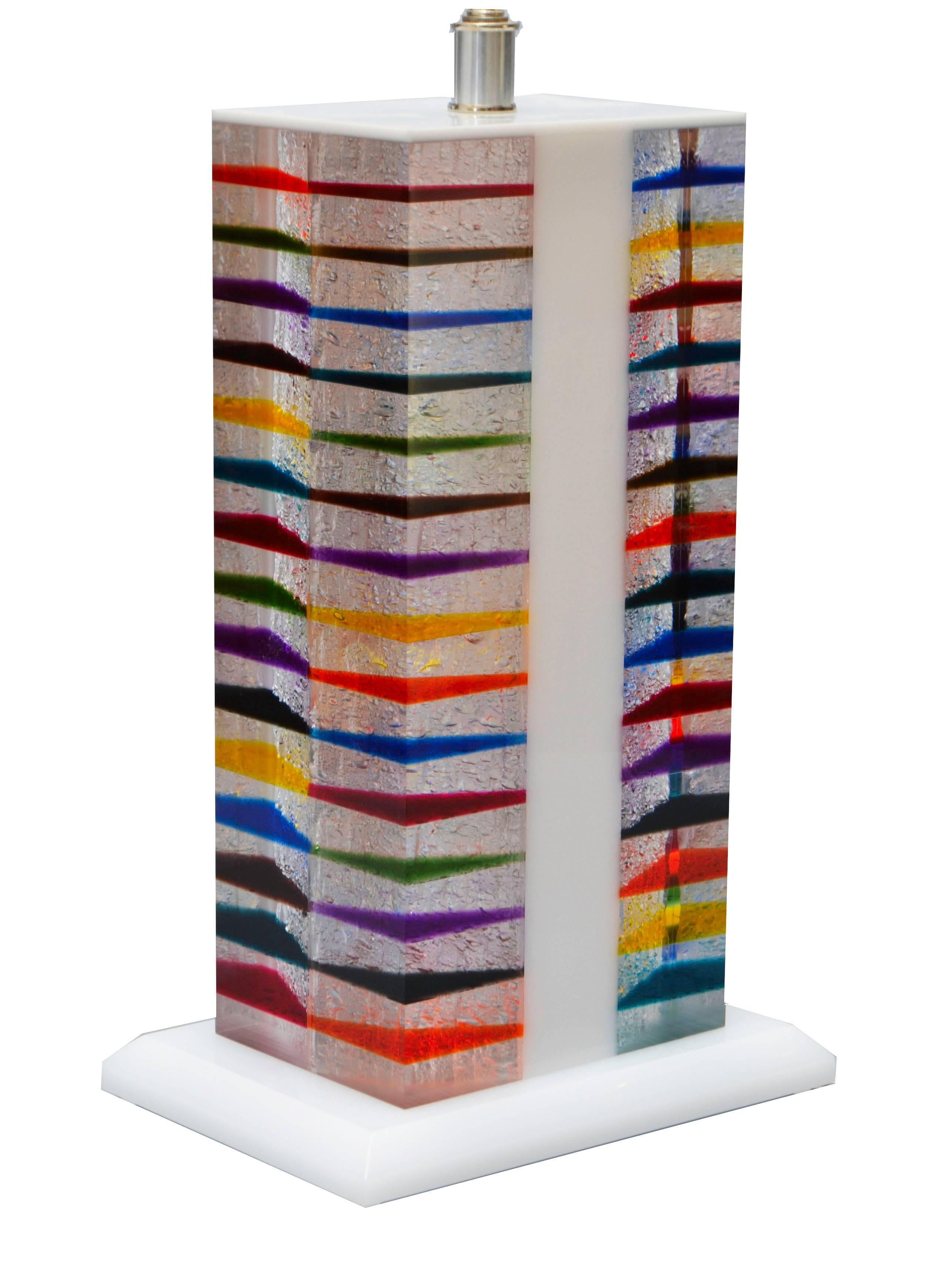 American Pop Art Rainbow Colors Skyscraper Style Lucite Nickel Table Lamp Shade Modern For Sale