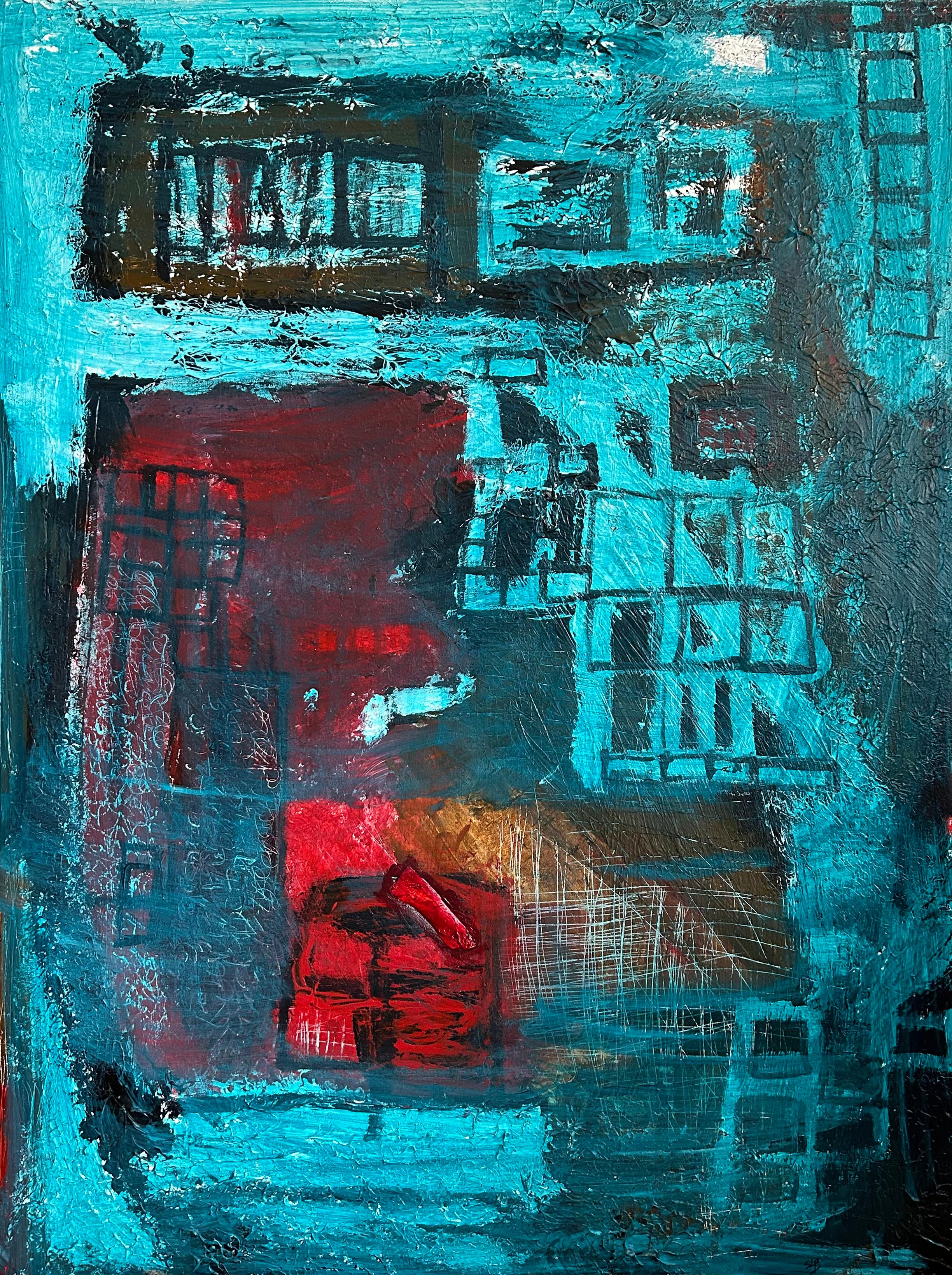 SL Baker Abstract Painting – City Night, Architectural Abstract and Cityscape der amerikanischen weiblichen Künstlerin