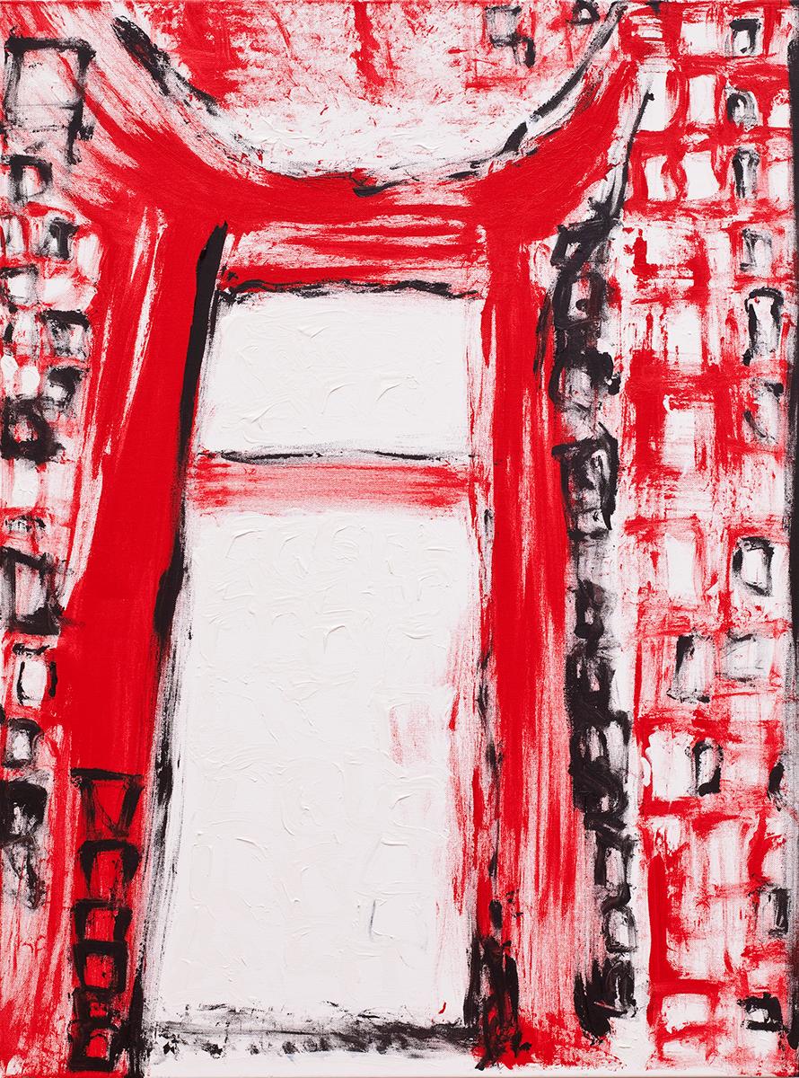 Abstract Painting SL Baker - Red Gate, commentaire architectural abstrait et social de l'artiste féminine américaine