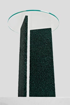 SLAB Dark Green Textured Side Table With Glass Top
