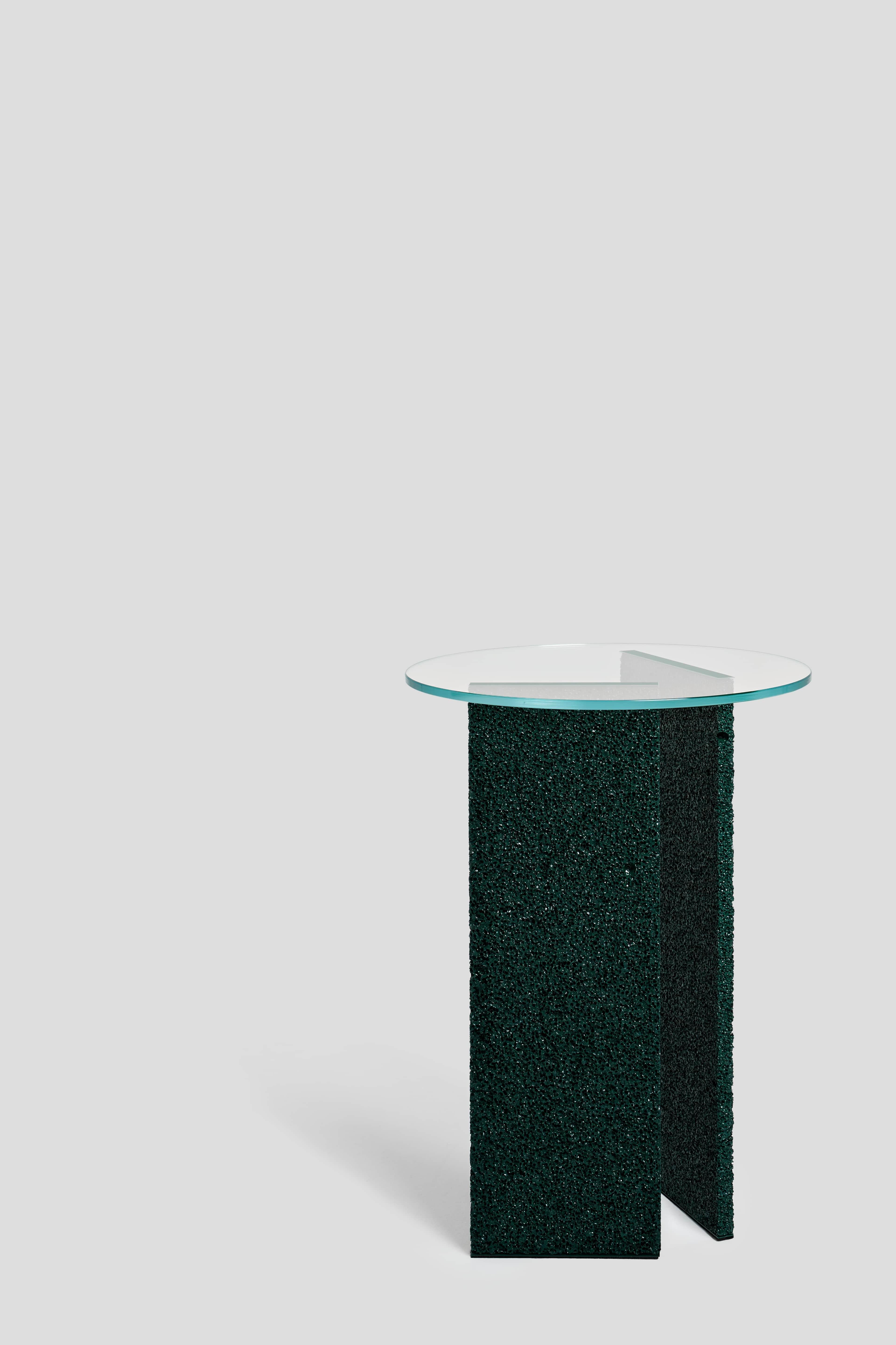 Cast SLAB Dark Green Textured Side Table With Glass Top For Sale