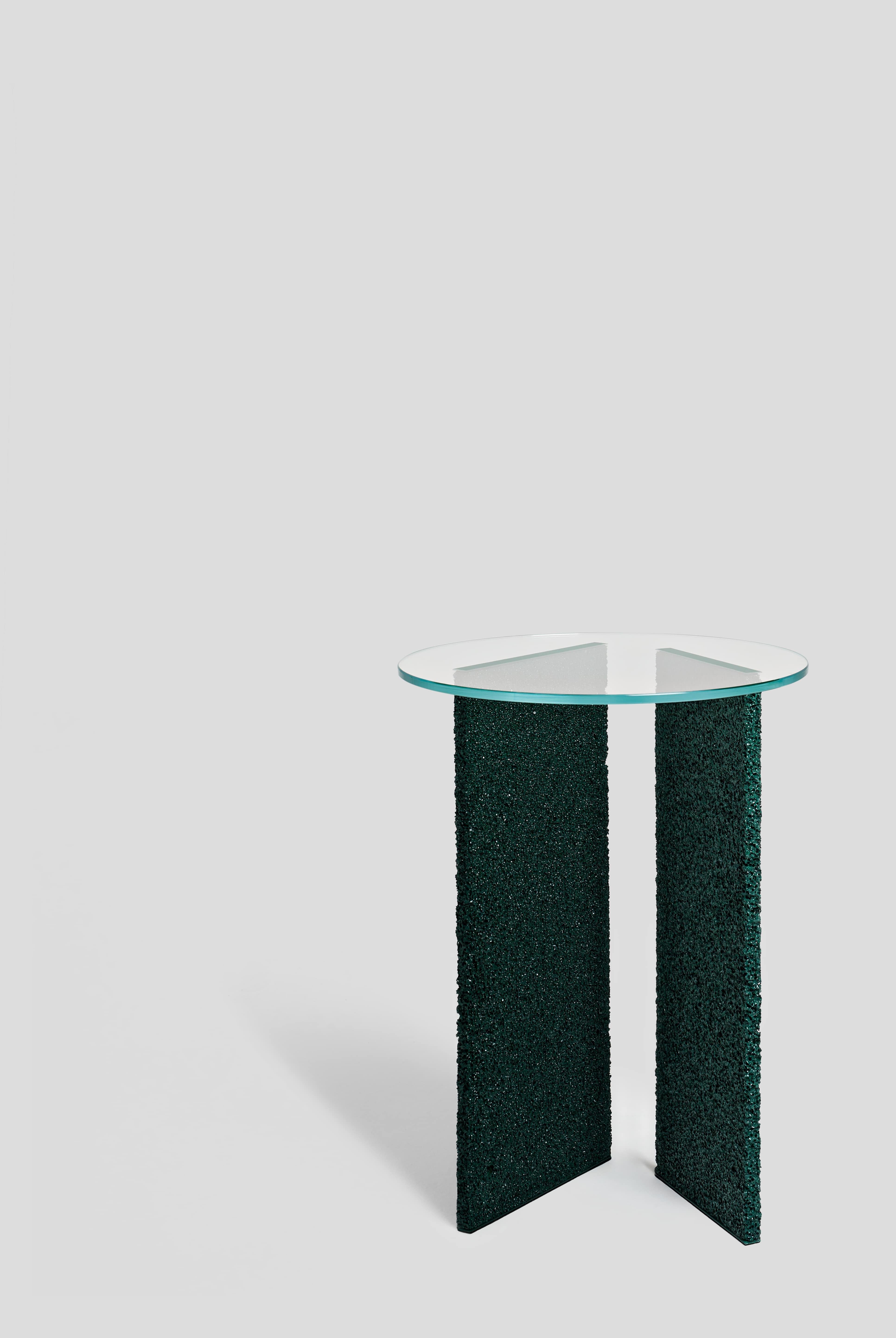 SLAB Dark Green Textured Side Table With Glass Top In New Condition For Sale In London, GB