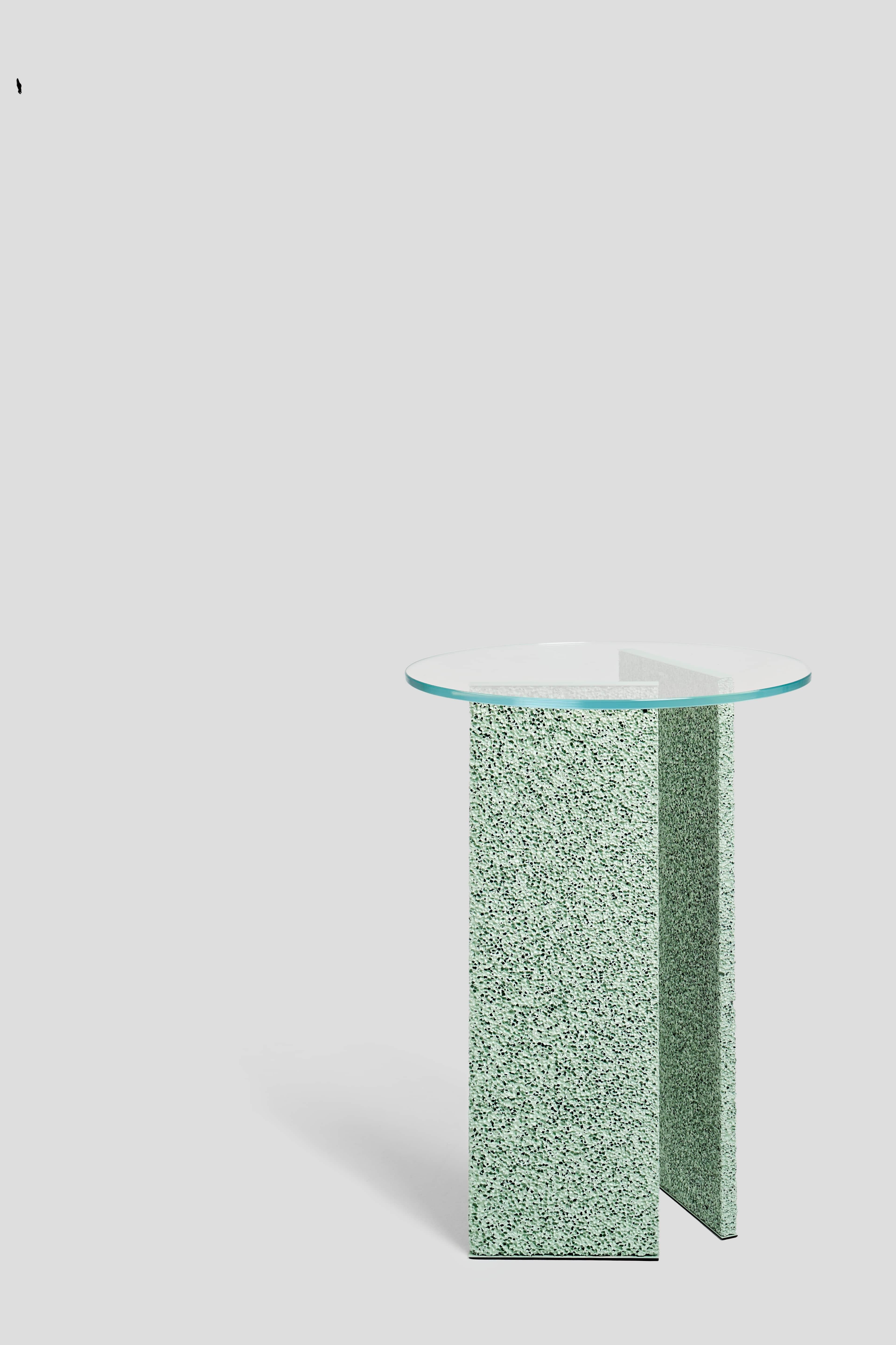 Cast SLAB Light Green Textured Side Table With Glass Top For Sale